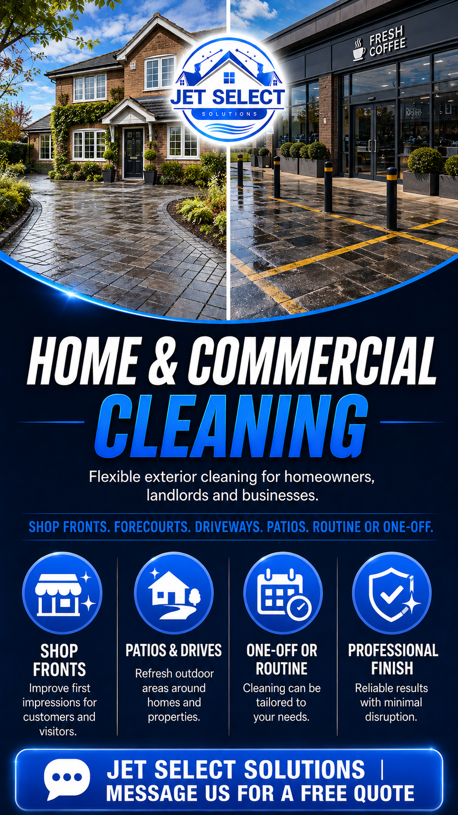 Home and commercial cleaning infographic — shop fronts, patios and drives, one-off or routine, professional finish